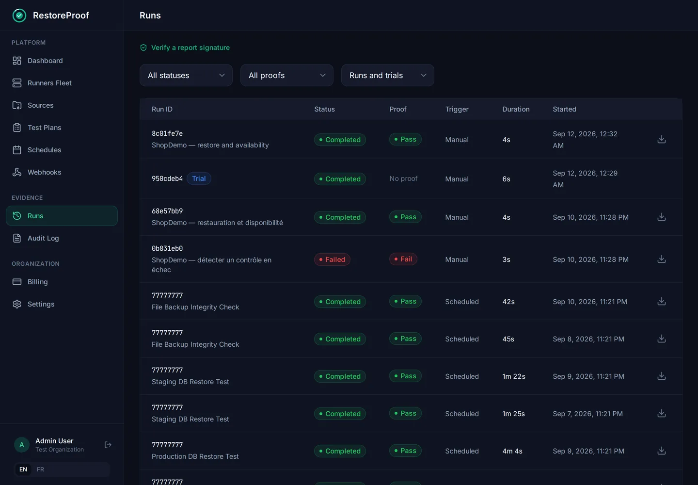 RestoreProof runs list: each restore test with its status, its proof verdict and a download link for the signed report