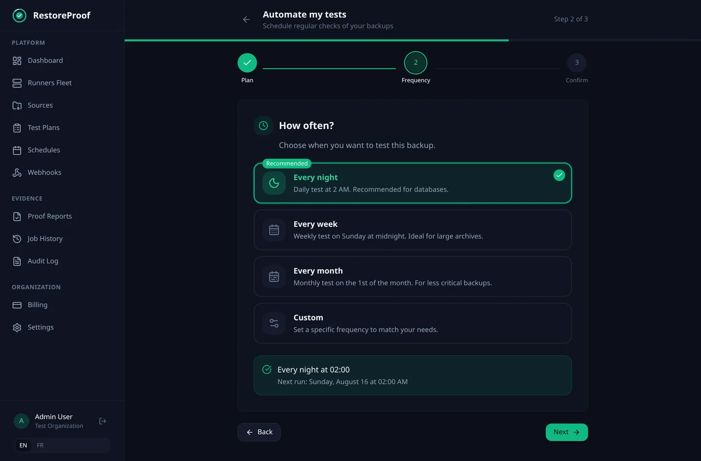 RestoreProof scheduling wizard: how often to test a backup, with the next run date