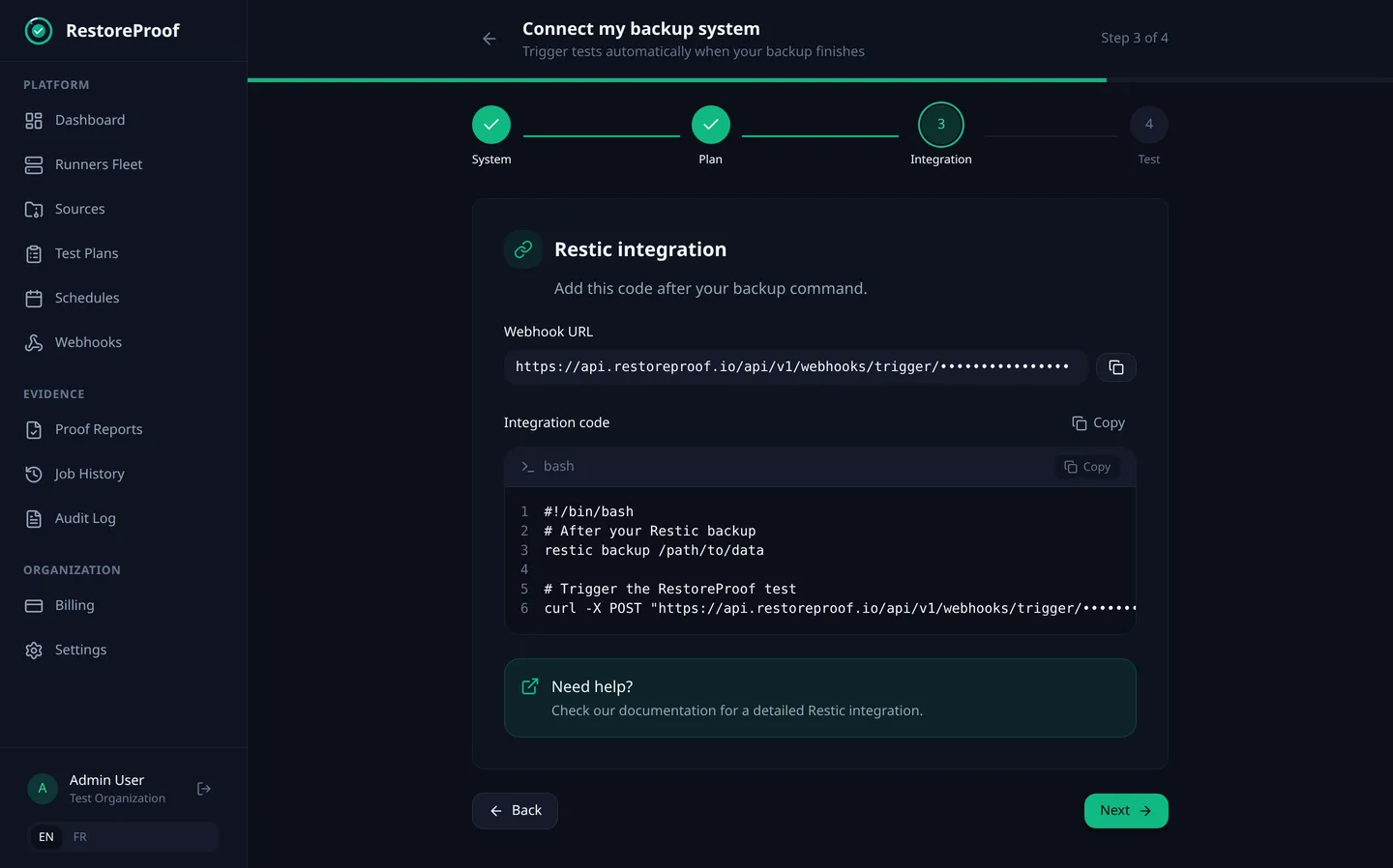 RestoreProof connect wizard: the webhook URL and the Restic integration snippet