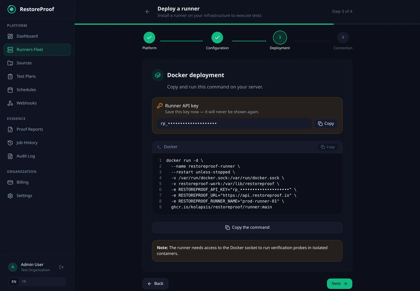 RestoreProof deploy-a-runner wizard: the generated docker run command with the runner API key