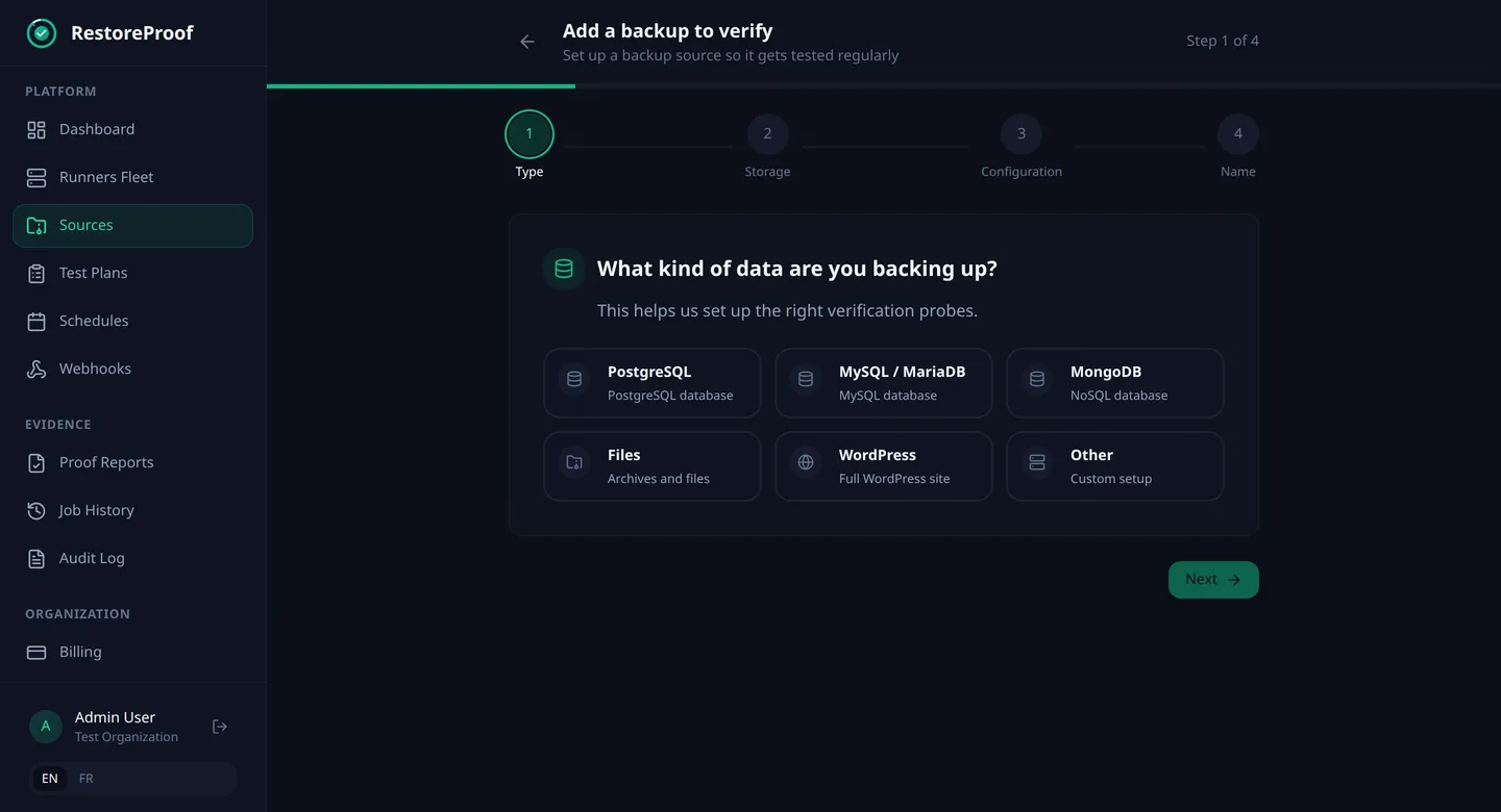RestoreProof add-a-backup wizard asking what kind of data is backed up