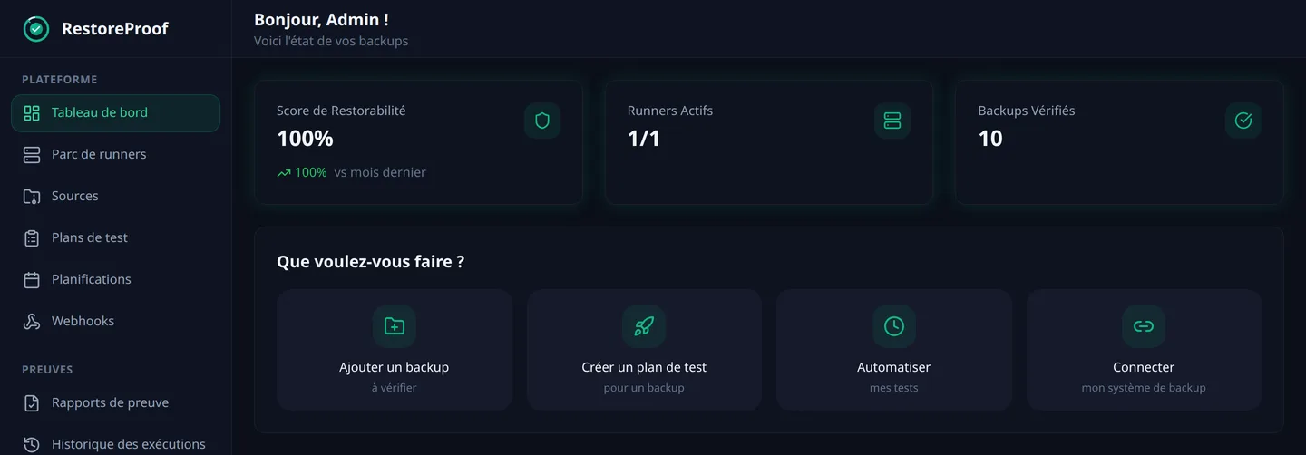 Tableau de bord RestoreProof : score de restorabilité, runners actifs et sauvegardes vérifiées