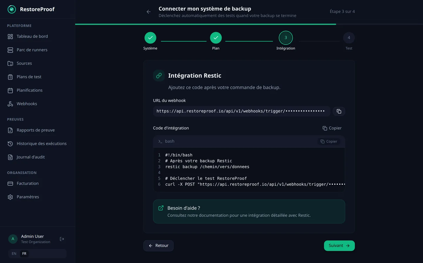 Assistant de connexion RestoreProof : l'URL du webhook et le code d'intégration Restic