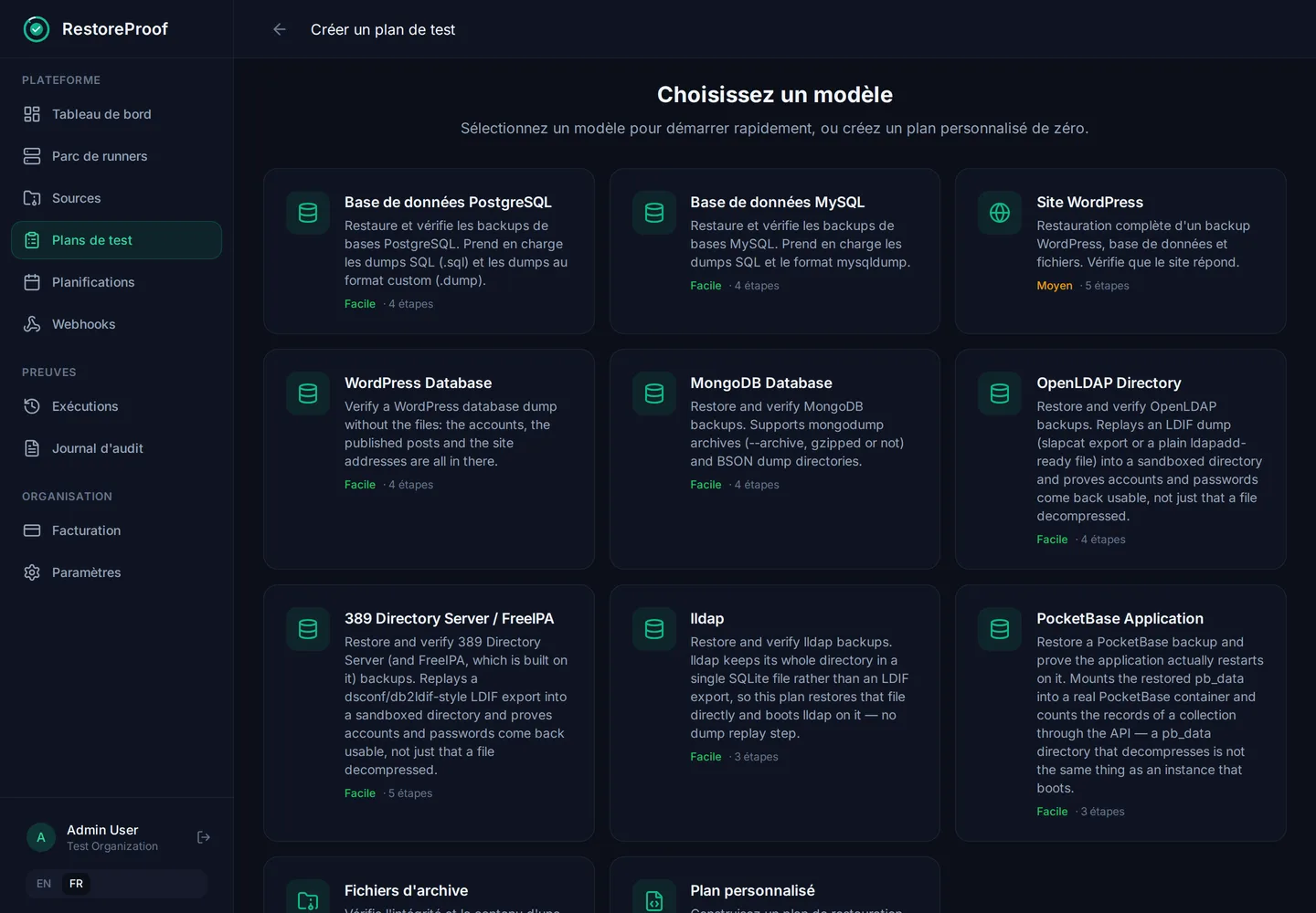 Assistant de plan de test RestoreProof : modèles pour les sauvegardes PostgreSQL, MySQL, WordPress, MongoDB, OpenLDAP et PocketBase