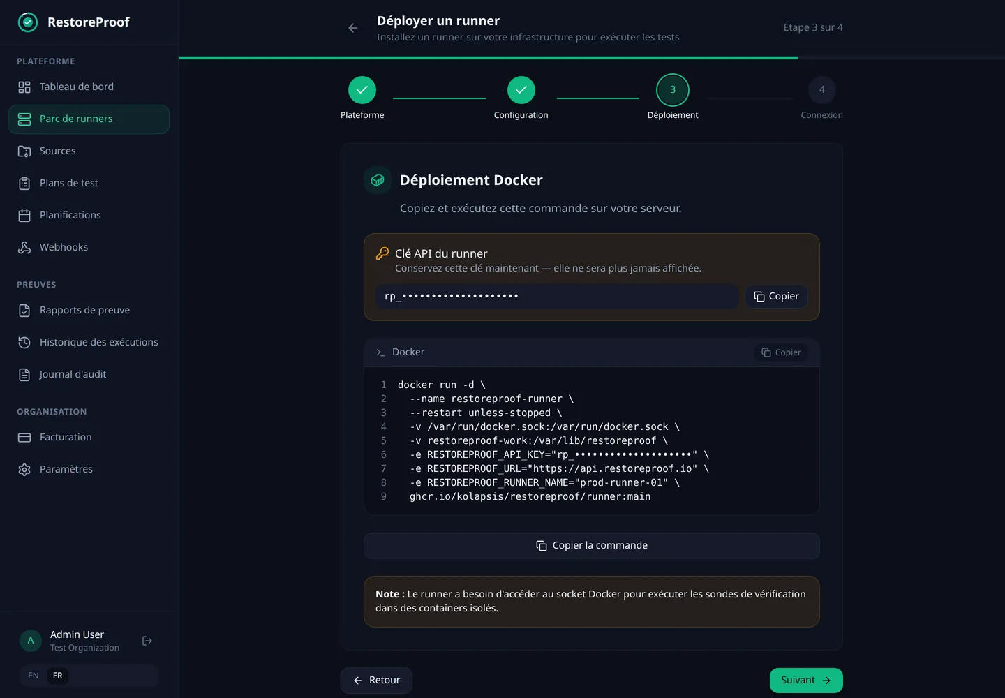 Assistant de déploiement d'un runner RestoreProof : la commande docker run générée avec la clé API du runner