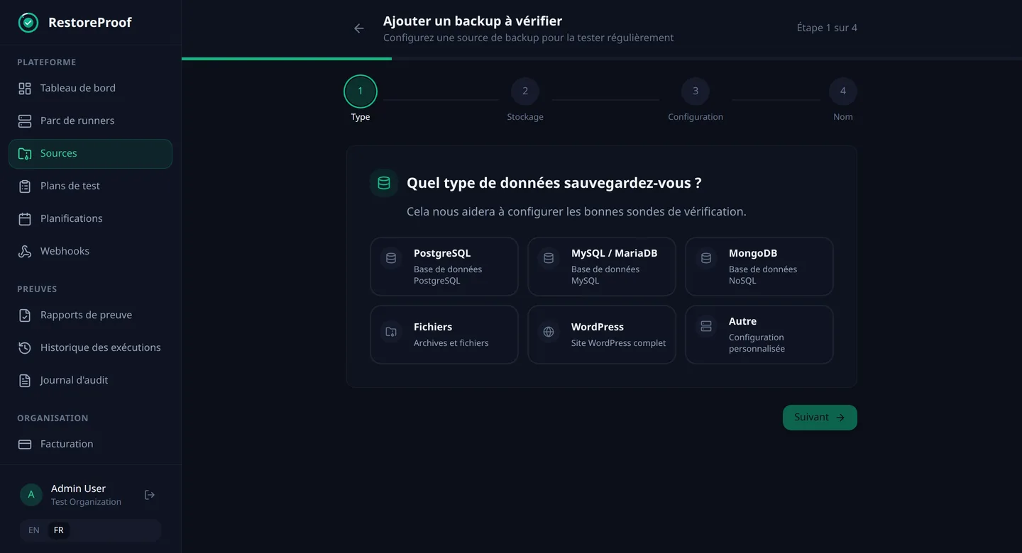Assistant d'ajout de sauvegarde RestoreProof : quel type de données est sauvegardé