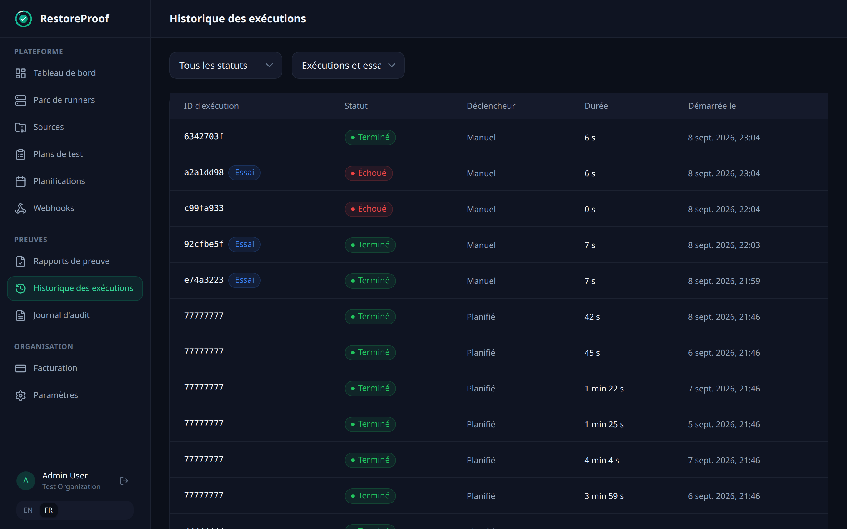The run history: one row per run, with its plan, its timestamp, its result and its duration