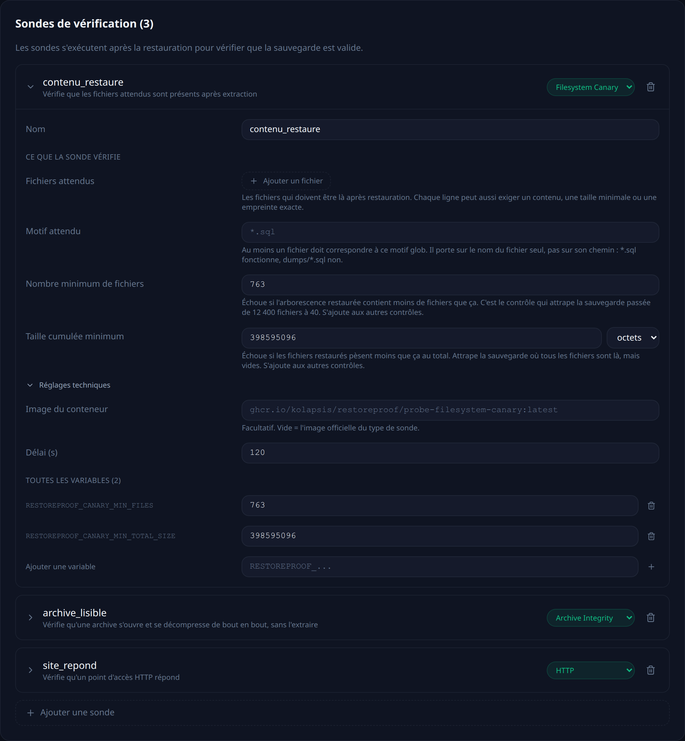 The plan editor, probes tab: the ldap probe with its search subtree, its filter, the expected number of entries and the account whose authentication is tested